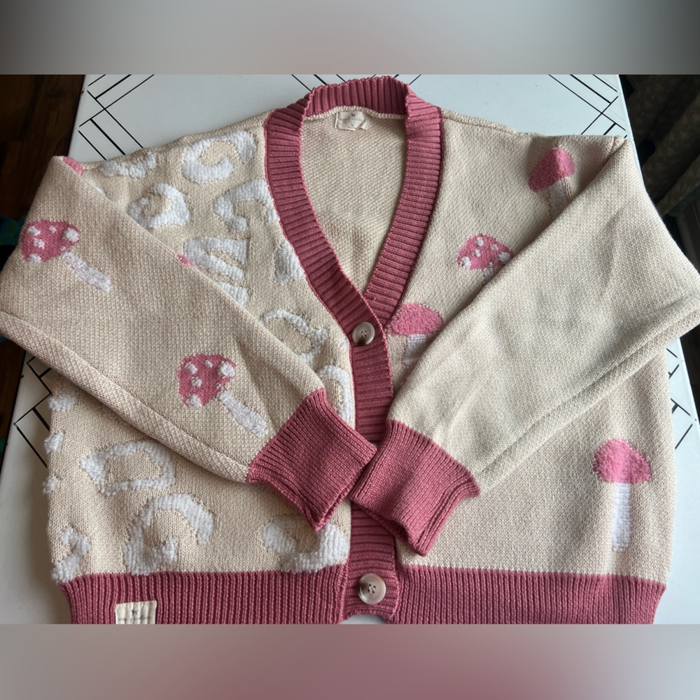 Simply Southern Groovy Mushroom Cropped Pink and Cream Cardigan